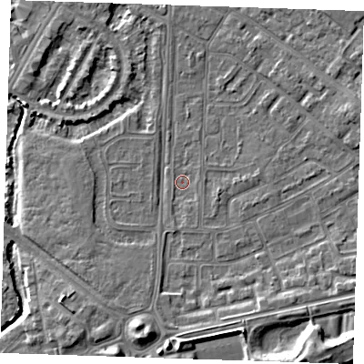 Shaded relief map of the ground around BN236HP, computed from Environment Agency LiDAR. The ground here sits at about 3 m above sea level and falls 8 m across the surrounding 800 m. Surface water reaching this point runs off ground lying to the south-south-east, 0.8 m higher.