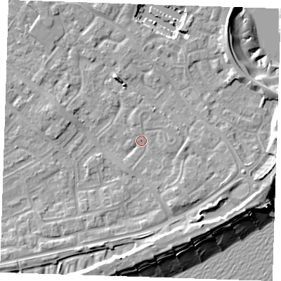 Shaded relief map of the ground around BN236HQ, computed from Environment Agency LiDAR. The ground here sits at about 4 m above sea level and falls 12 m across the surrounding 800 m. Surface water reaching this point runs off ground lying to the east-south-east, 2.8 m higher.