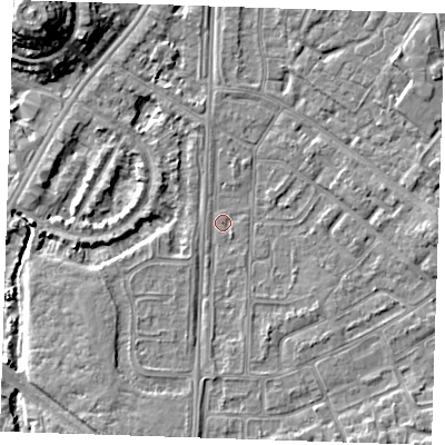 Shaded relief map of the ground around BN236HR, computed from Environment Agency LiDAR. The ground here sits at about 3 m above sea level and falls 12 m across the surrounding 800 m. Surface water reaching this point runs off ground lying to the south-south-west, 2.8 m higher.