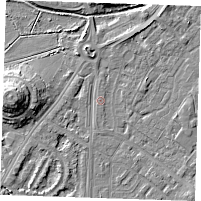 Shaded relief map of the ground around BN236HS, computed from Environment Agency LiDAR. The ground here sits at about 3 m above sea level and falls 12 m across the surrounding 800 m. Surface water reaching this point runs off ground lying to the west-south-west, 1.6 m higher.