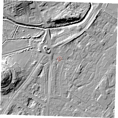 Shaded relief map of the ground around BN236HT, computed from Environment Agency LiDAR. The ground here sits at about 3 m above sea level and falls 12 m across the surrounding 800 m. Surface water reaching this point runs off ground lying to the north-north-east, 2.7 m higher.