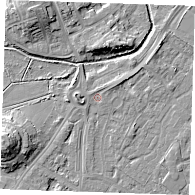 Shaded relief map of the ground around BN236HU, computed from Environment Agency LiDAR. The ground here sits at about 3 m above sea level and falls 12 m across the surrounding 800 m. Surface water reaching this point runs off ground lying to the north-east, 1.8 m higher.