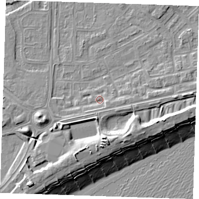 Shaded relief map of the ground around BN236HW, computed from Environment Agency LiDAR. The ground here sits at about 4 m above sea level and falls 13 m across the surrounding 800 m. Surface water reaching this point runs off ground lying to the south-south-east, 1.6 m higher.