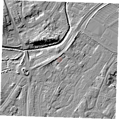 Shaded relief map of the ground around BN236HX, computed from Environment Agency LiDAR. The ground here sits at about 4 m above sea level and falls 9 m across the surrounding 800 m. Surface water reaching this point runs off ground lying to the west, 3.1 m higher.