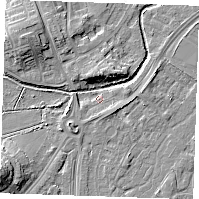 Shaded relief map of the ground around BN236HY, computed from Environment Agency LiDAR. The ground here sits at about 3 m above sea level and falls 12 m across the surrounding 800 m. Surface water reaching this point runs off ground lying to the east-south-east, 3.7 m higher.