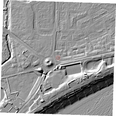 Shaded relief map of the ground around BN236HZ, computed from Environment Agency LiDAR. The ground here sits at about 4 m above sea level and falls 13 m across the surrounding 800 m. Surface water reaching this point runs off ground lying to the south, 3.0 m higher.