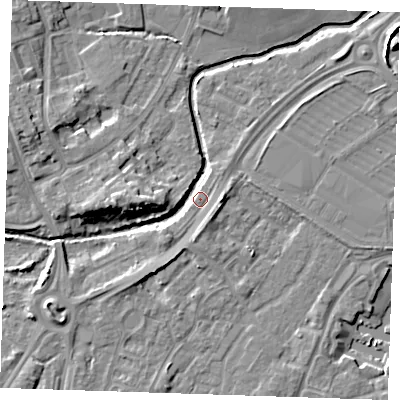 Shaded relief map of the ground around BN236JD, computed from Environment Agency LiDAR. The ground here sits at about 4 m above sea level and falls 9 m across the surrounding 800 m. Surface water reaching this point runs off ground lying to the east, 4.4 m higher.