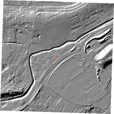 Shaded relief map of the ground around BN236JF, computed from Environment Agency LiDAR. The ground here sits at about 3 m above sea level and falls 10 m across the surrounding 800 m. Surface water reaching this point runs off ground lying to the east-north-east, 2.1 m higher.