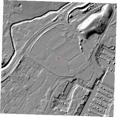 Shaded relief map of the ground around BN236JH, computed from Environment Agency LiDAR. The ground here sits at about 4 m above sea level and falls 11 m across the surrounding 800 m. Surface water reaching this point runs off ground lying to the east-north-east, 3.4 m higher.