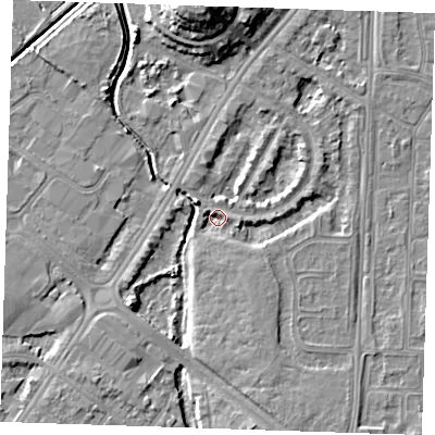 Shaded relief map of the ground around BN236JP, computed from Environment Agency LiDAR. The ground here sits at about 2 m above sea level and falls 12 m across the surrounding 800 m. Surface water reaching this point runs off ground lying to the south-south-east, 4.4 m higher.