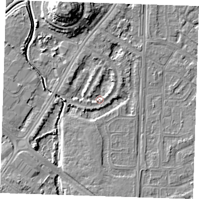 Shaded relief map of the ground around BN236JR, computed from Environment Agency LiDAR. The ground here sits at about 2 m above sea level and falls 12 m across the surrounding 800 m. Surface water reaching this point runs off ground lying to the north-east, 0.9 m higher.