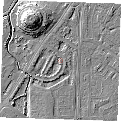 Shaded relief map of the ground around BN236JS, computed from Environment Agency LiDAR. The ground here sits at about 3 m above sea level and falls 12 m across the surrounding 800 m. Surface water reaching this point runs off ground lying to the west, 2.1 m higher.