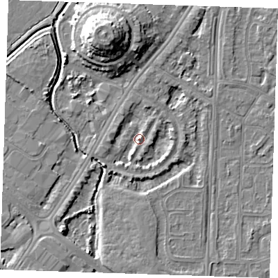 Shaded relief map of the ground around BN236JT, computed from Environment Agency LiDAR. The ground here sits at about 3 m above sea level and falls 12 m across the surrounding 800 m. Surface water reaching this point runs off ground lying to the west-north-west, 2.2 m higher.