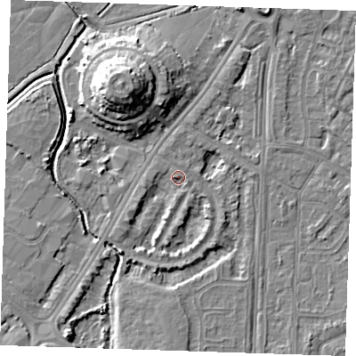 Shaded relief map of the ground around BN236JU, computed from Environment Agency LiDAR. The ground here sits at about 3 m above sea level and falls 12 m across the surrounding 800 m. Surface water reaching this point runs off ground lying to the west-south-west, 1.9 m higher.
