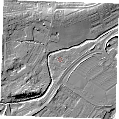 Shaded relief map of the ground around BN236JW, computed from Environment Agency LiDAR. The ground here sits at about 3 m above sea level and falls 9 m across the surrounding 800 m. Surface water reaching this point runs off ground lying to the east, 0.8 m higher.