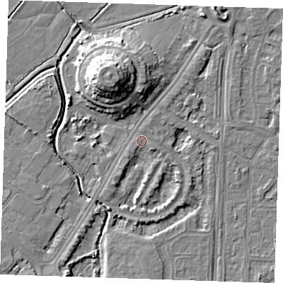 Shaded relief map of the ground around BN236JX, computed from Environment Agency LiDAR. The ground here sits at about 3 m above sea level and falls 12 m across the surrounding 800 m. Surface water reaching this point runs off ground lying to the south-south-west, 1.9 m higher.