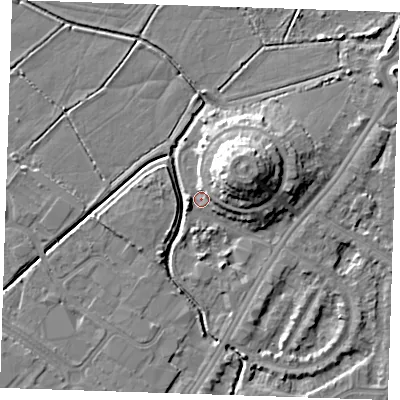 Shaded relief map of the ground around BN236JY, computed from Environment Agency LiDAR. The ground here sits at about 3 m above sea level and falls 12 m across the surrounding 800 m. Surface water reaching this point runs off ground lying to the east-north-east, 10.6 m higher.