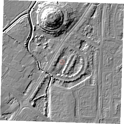 Shaded relief map of the ground around BN236JZ, computed from Environment Agency LiDAR. The ground here sits at about 2 m above sea level and falls 12 m across the surrounding 800 m. Surface water reaching this point runs off ground lying to the west-south-west, 1.8 m higher.