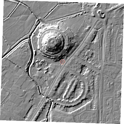 Shaded relief map of the ground around BN236LA, computed from Environment Agency LiDAR. The ground here sits at about 3 m above sea level and falls 12 m across the surrounding 800 m. Surface water reaching this point runs off ground lying to the north-north-west, 10.2 m higher.