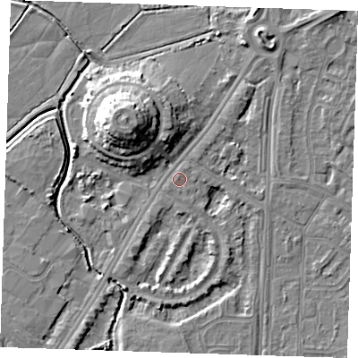 Shaded relief map of the ground around BN236LB, computed from Environment Agency LiDAR. The ground here sits at about 4 m above sea level and falls 12 m across the surrounding 800 m. Surface water reaching this point runs off ground lying to the north-east, 0.7 m higher.