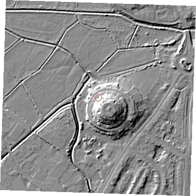 Shaded relief map of the ground around BN236LF, computed from Environment Agency LiDAR. The ground here sits at about 7 m above sea level and falls 12 m across the surrounding 800 m. Surface water reaching this point runs off ground lying to the south-east, 6.8 m higher.