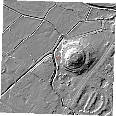 Shaded relief map of the ground around BN236LG, computed from Environment Agency LiDAR. The ground here sits at about 2 m above sea level and falls 12 m across the surrounding 800 m. Surface water reaching this point runs off ground lying to the east, 11.8 m higher.