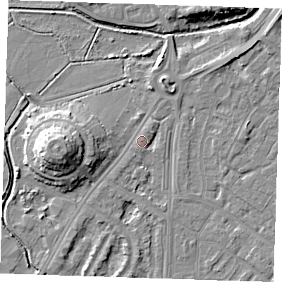 Shaded relief map of the ground around BN236LP, computed from Environment Agency LiDAR. The ground here sits at about 4 m above sea level and falls 12 m across the surrounding 800 m. Surface water reaching this point runs off ground lying to the south-south-west, 2.0 m higher.