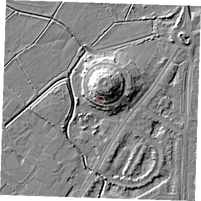 Shaded relief map of the ground around BN236LQ, computed from Environment Agency LiDAR. The ground here sits at about 7 m above sea level and falls 12 m across the surrounding 800 m. Surface water reaching this point runs off ground lying to the north-east, 7.1 m higher.