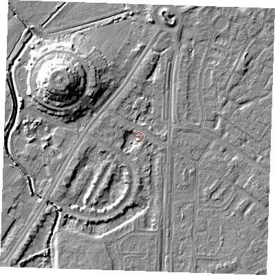 Shaded relief map of the ground around BN236LR, computed from Environment Agency LiDAR. The ground here sits at about 3 m above sea level and falls 12 m across the surrounding 800 m. Surface water reaching this point runs off ground lying to the north-north-west, 2.4 m higher.