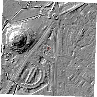 Shaded relief map of the ground around BN236LS, computed from Environment Agency LiDAR. The ground here sits at about 3 m above sea level and falls 12 m across the surrounding 800 m. Surface water reaching this point runs off ground lying to the west-north-west, 1.6 m higher.
