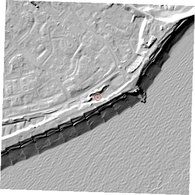 Shaded relief map of the ground around BN236LW, computed from Environment Agency LiDAR. The ground here sits at about 5 m above sea level and falls 13 m across the surrounding 800 m. Surface water reaching this point runs off ground lying to the south-west, 3.5 m higher.