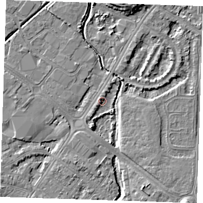 Shaded relief map of the ground around BN236NA, computed from Environment Agency LiDAR. The ground here sits at about 2 m above sea level and falls 7 m across the surrounding 800 m. Surface water reaching this point runs off ground lying to the south-east, 4.4 m higher.
