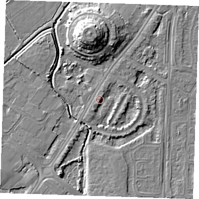 Shaded relief map of the ground around BN236NG, computed from Environment Agency LiDAR. The ground here sits at about 4 m above sea level and falls 12 m across the surrounding 800 m. Surface water reaching this point runs off ground lying to the east-north-east, 1.9 m higher.