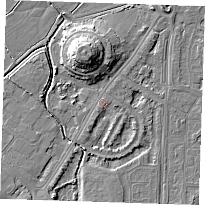 Shaded relief map of the ground around BN236NH, computed from Environment Agency LiDAR. The ground here sits at about 3 m above sea level and falls 12 m across the surrounding 800 m. Surface water reaching this point runs off ground lying to the south, 0.5 m higher.