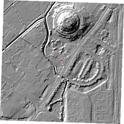 Shaded relief map of the ground around BN236NL, computed from Environment Agency LiDAR. The ground here sits at about 2 m above sea level and falls 12 m across the surrounding 800 m. Surface water reaching this point runs off ground lying to the east-south-east, 1.8 m higher.