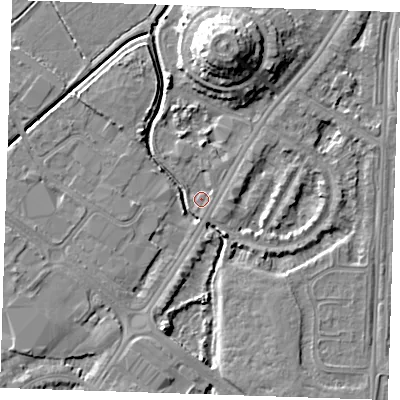 Shaded relief map of the ground around BN236NN, computed from Environment Agency LiDAR. The ground here sits at about 2 m above sea level and falls 12 m across the surrounding 800 m. Surface water reaching this point runs off ground lying to the east-north-east, 1.8 m higher.