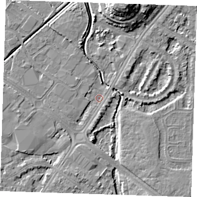 Shaded relief map of the ground around BN236NP, computed from Environment Agency LiDAR. The ground here sits at about 2 m above sea level and falls 12 m across the surrounding 800 m. Surface water reaching this point runs off ground lying to the south-south-east, 4.4 m higher.
