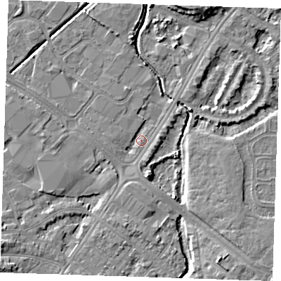 Shaded relief map of the ground around BN236NR, computed from Environment Agency LiDAR. The ground here sits at about 2 m above sea level and falls 6 m across the surrounding 800 m. Surface water reaching this point runs off ground lying to the south-west, 4.8 m higher.
