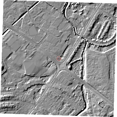 Shaded relief map of the ground around BN236NS, computed from Environment Agency LiDAR. The ground here sits at about 3 m above sea level and falls 6 m across the surrounding 800 m. Surface water reaching this point runs off ground lying to the west, 5.6 m higher.