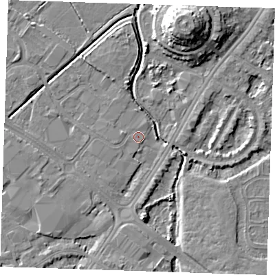 Shaded relief map of the ground around BN236NY, computed from Environment Agency LiDAR. The ground here sits at about 3 m above sea level and falls 12 m across the surrounding 800 m. Surface water reaching this point runs off ground lying to the west-south-west, 0.6 m higher.