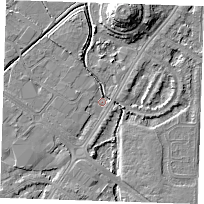 Shaded relief map of the ground around BN236PA, computed from Environment Agency LiDAR. The ground here sits at about 2 m above sea level and falls 12 m across the surrounding 800 m. Surface water reaching this point runs off ground lying to the south-south-east, 4.3 m higher.