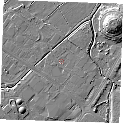Shaded relief map of the ground around BN236PD, computed from Environment Agency LiDAR. The ground here sits at about 3 m above sea level and falls 12 m across the surrounding 800 m. Surface water reaching this point runs off ground lying to the north-east, 2.9 m higher.