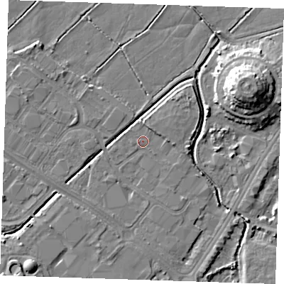 Shaded relief map of the ground around BN236PE, computed from Environment Agency LiDAR. The ground here sits at about 3 m above sea level and falls 12 m across the surrounding 800 m. Surface water reaching this point runs off ground lying to the east-north-east, 2.9 m higher.