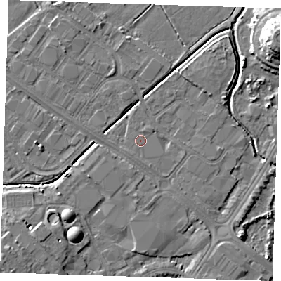 Shaded relief map of the ground around BN236PH, computed from Environment Agency LiDAR. The ground here sits at about 3 m above sea level and falls 12 m across the surrounding 800 m. Surface water reaching this point runs off ground lying to the south-south-east, 1.4 m higher.