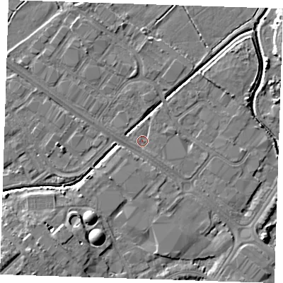 Shaded relief map of the ground around BN236PJ, computed from Environment Agency LiDAR. The ground here sits at about 3 m above sea level and falls 8 m across the surrounding 800 m. Surface water reaching this point runs off ground lying to the south-east, 0.9 m higher.