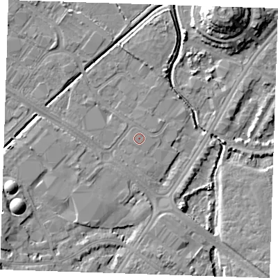 Shaded relief map of the ground around BN236PL, computed from Environment Agency LiDAR. The ground here sits at about 3 m above sea level and falls 12 m across the surrounding 800 m. The ground contributing surface water to this point lies to the east-north-east.
