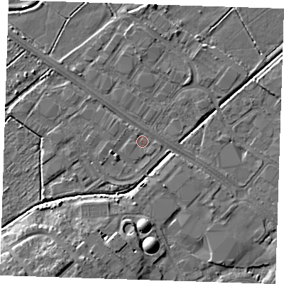 Shaded relief map of the ground around BN236PN, computed from Environment Agency LiDAR. The ground here sits at about 3 m above sea level and falls 8 m across the surrounding 800 m. Surface water reaching this point runs off ground lying to the south-east, 3.4 m higher.