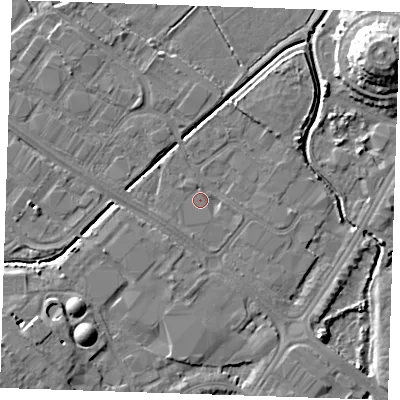 Shaded relief map of the ground around BN236PQ, computed from Environment Agency LiDAR. The ground here sits at about 3 m above sea level and falls 12 m across the surrounding 800 m. Surface water reaching this point runs off ground lying to the south-south-west, 1.4 m higher.