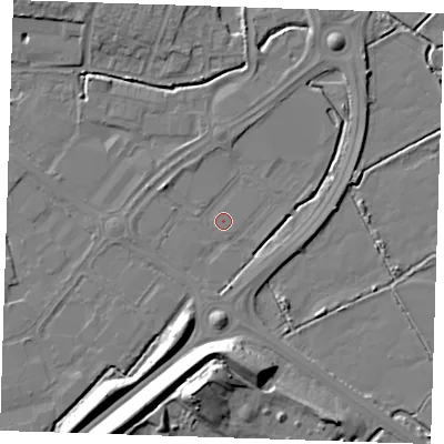 Shaded relief map of the ground around BN236PT, computed from Environment Agency LiDAR. The ground here sits at about 3 m above sea level and falls 14 m across the surrounding 800 m. Surface water reaching this point runs off ground lying to the north-north-east, 4.4 m higher.