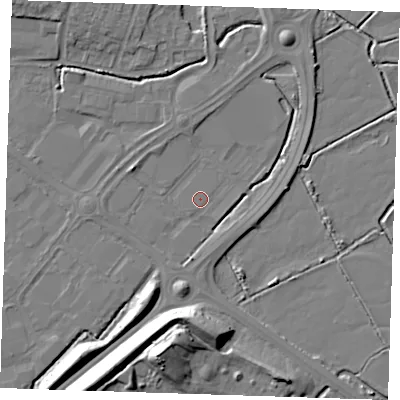 Shaded relief map of the ground around BN236PU, computed from Environment Agency LiDAR. The ground here sits at about 3 m above sea level and falls 14 m across the surrounding 800 m. Surface water reaching this point runs off ground lying to the north-north-east, 4.4 m higher.